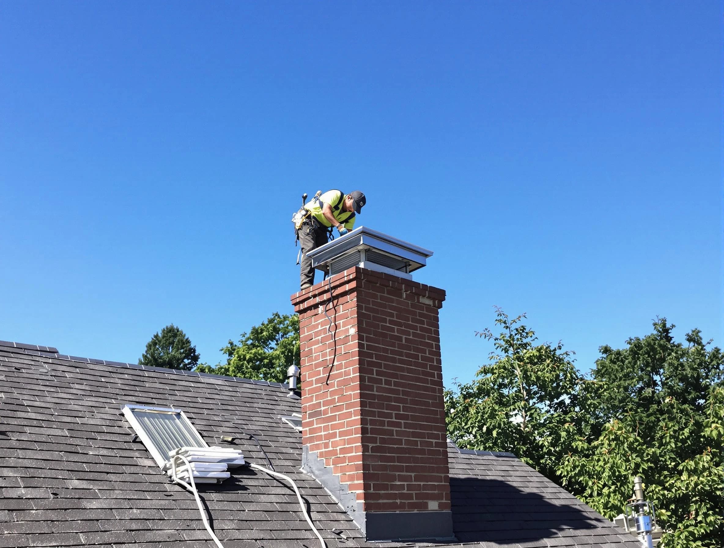 North Andover Chimney Sweep technician measuring a chimney cap in North Andover, MA