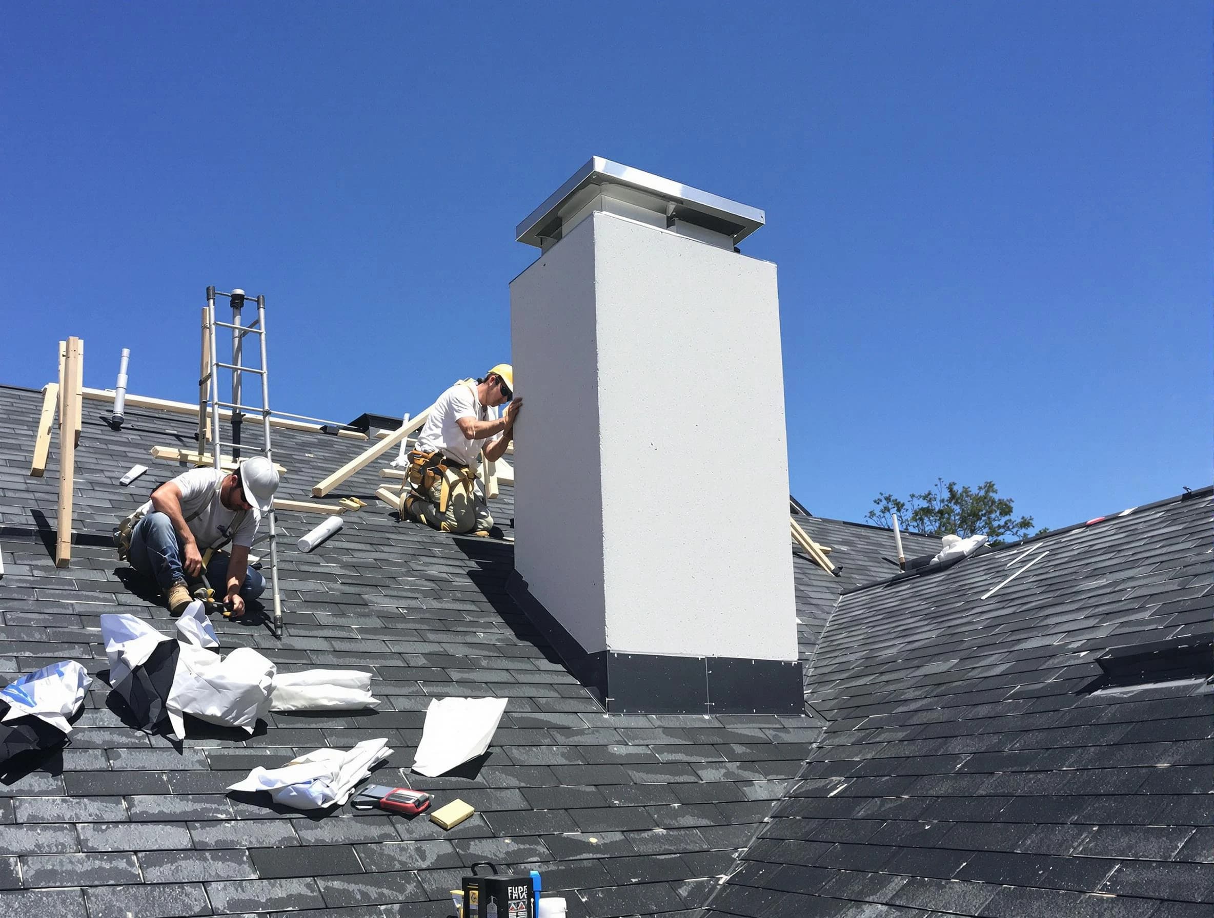 North Andover Chimney Sweep crew installing a new chimney in North Andover, MA