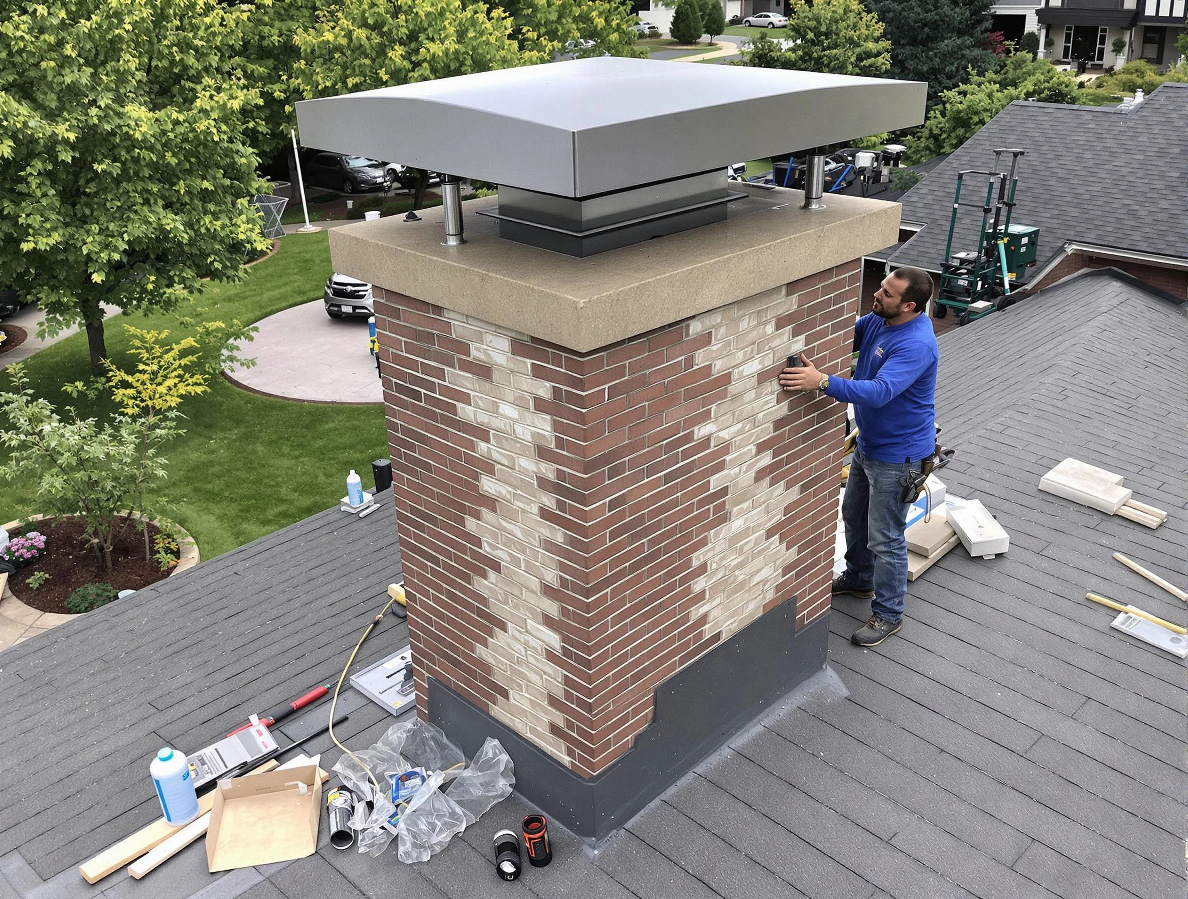 North Andover Chimney Sweep team working on a custom chimney remodel in North Andover, MA